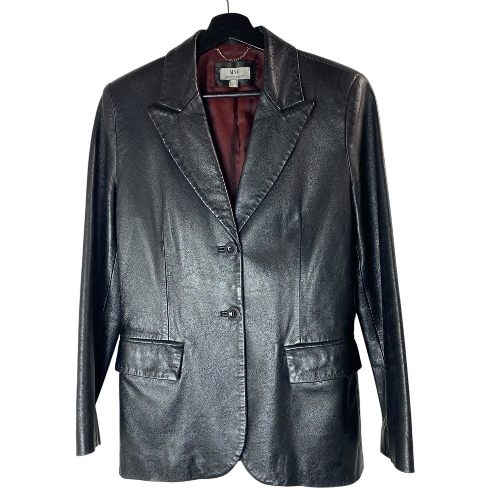 MNG - Lamb Leather Blazer Jacket in Black Size 6